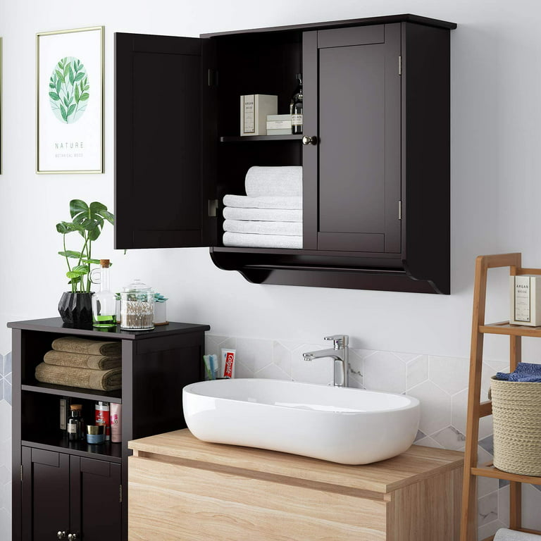 17 in. W x 8 in. D x 21 in. H Bathroom Storage Wall Cabinet Medicine  Cabinet in Rustic Brown w/Open Shelf & Towel Bar