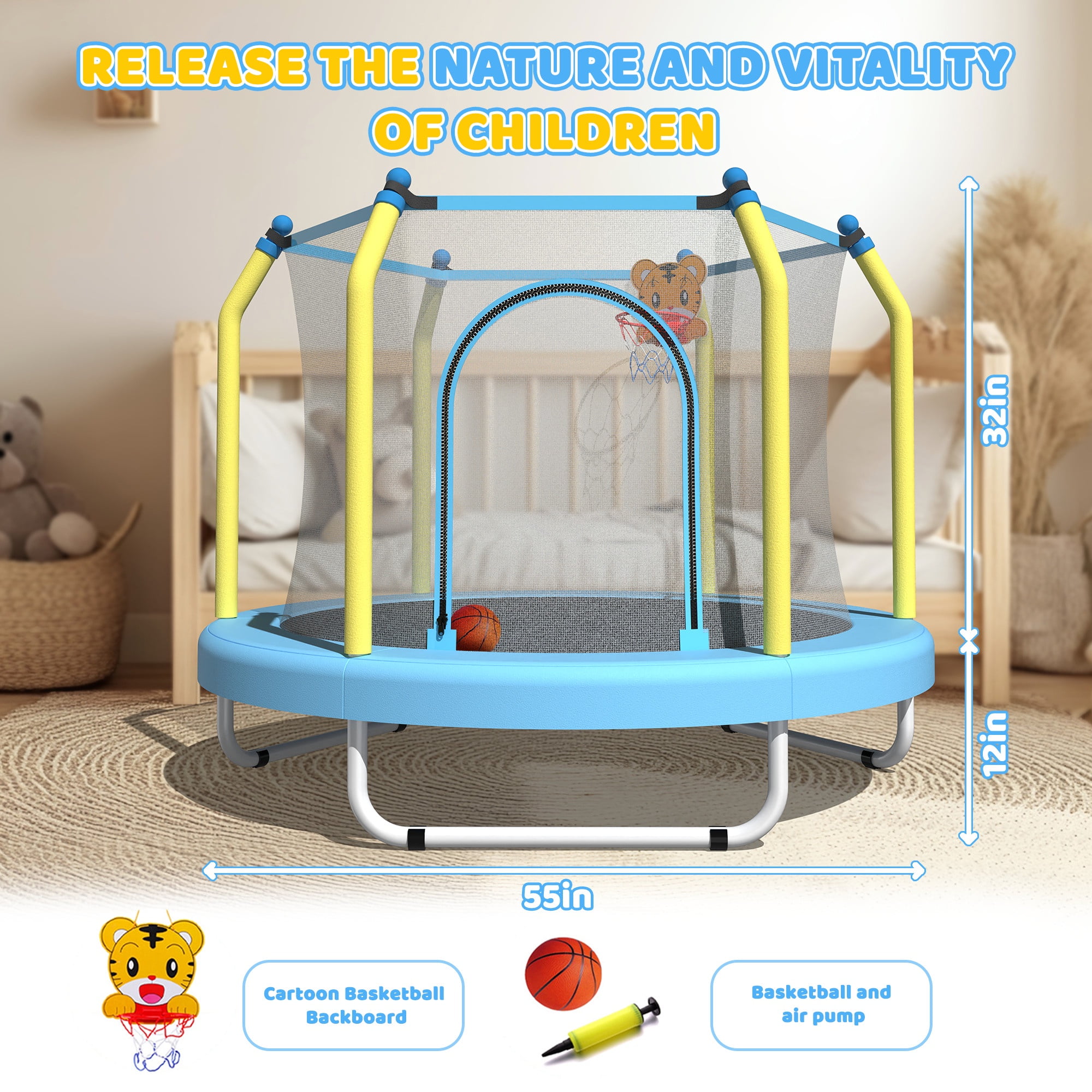 55" Trampoline with Enclosure for Kids, SEGMART Indoor Outdoor Toddler Trampoline with Basketball, Indoor Outdoor Kids Trampoline with Basketball Hoop, Small Round Trampoline for Boys Girls