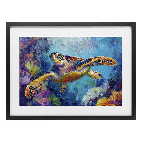 Stupell Industries Modern Colorful Sea Turtle over Coral Black Framed Print Under Glass, 20 x 14, by Petals Prints Design