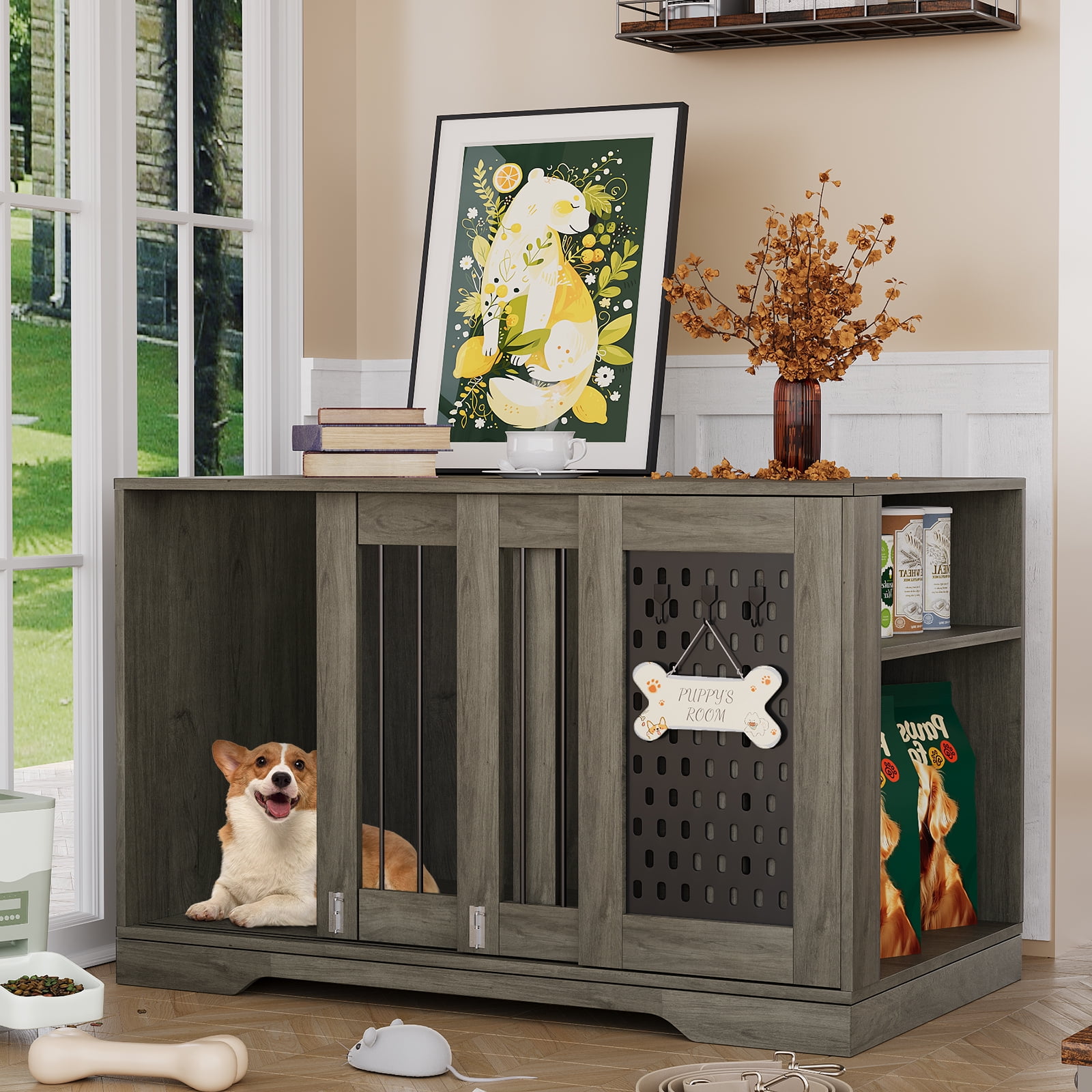 SNYNUXX Dog Crate Furniture with Pegboard, Storage Cabinet and Hidden Sliding Doors, Indoor Furniture-Style Wooden Puppy Dog Kennel for Medium Small Dogs, Gray