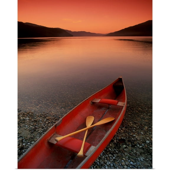 Great BIG Canvas | Rolled Don Hammond Poster Print entitled Canoe At Edge Of Mountain Lake, Shuswap, British Columbia, Canada