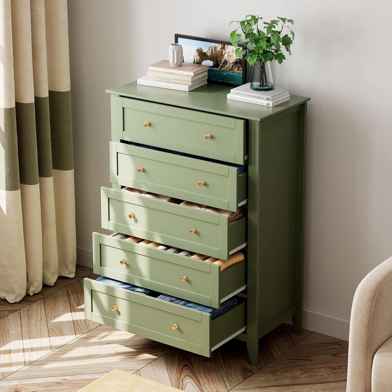 5 Drawer Dresser for Bedroom, Green Dresser with Deep Drawers & Metal Knobs, Tall Modern Wooden Chests of Drawers for Entryway, Hallway