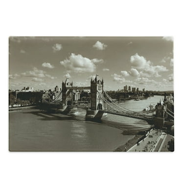 Travel Cutting Board, Tower Bridge in London City Cloudy Sky Old Historic Cityscape Nostalgia England, Decorative Tempered Glass Cutting and Serving Board, Large Size, Sepia White, by Ambesonne