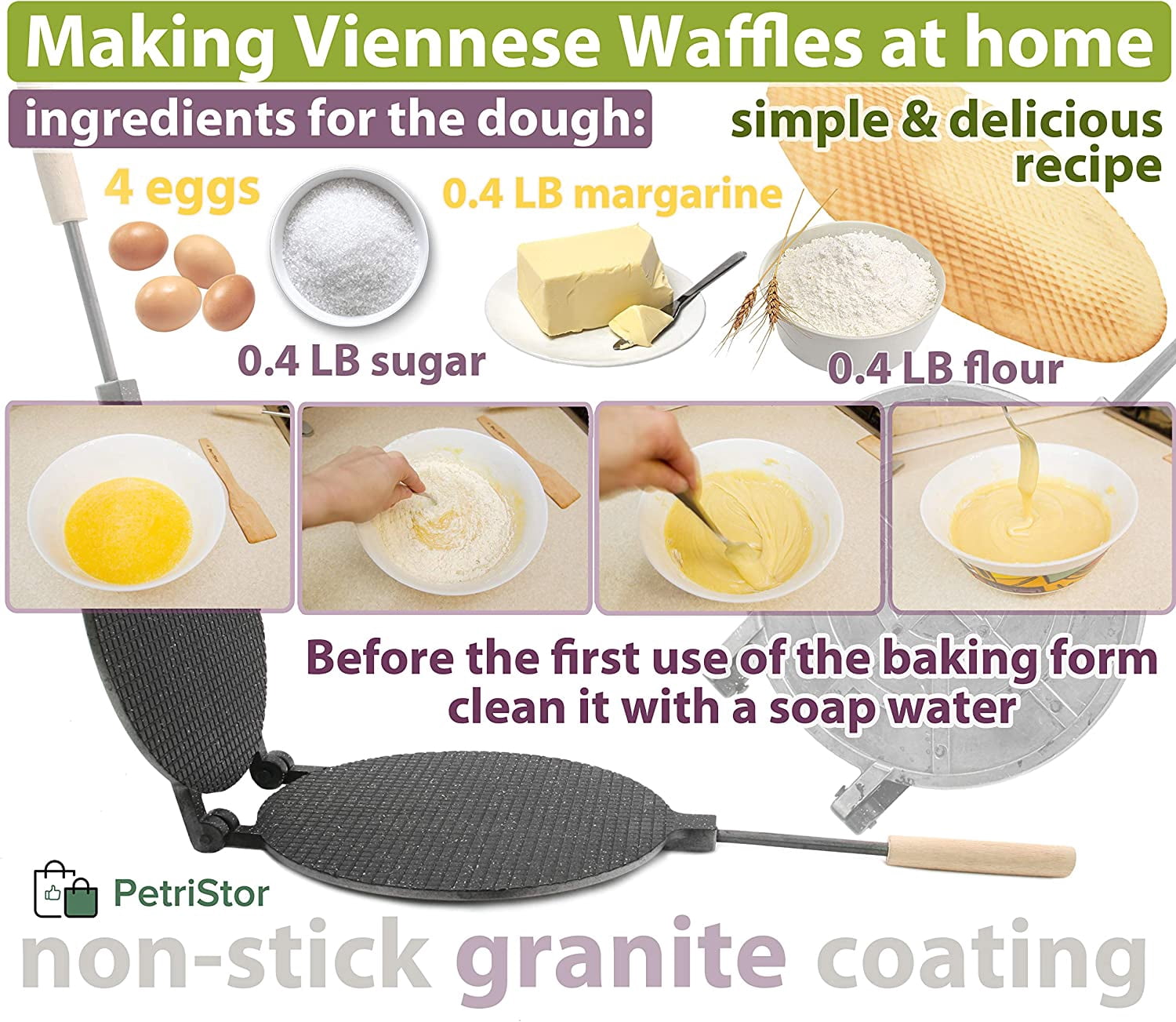 Round Waffle Maker with Nonstick Granite Coating - 8 Inch Electric Stove Compatible Krumkake Iron for Homemade Waffles and Ice Cream Cones