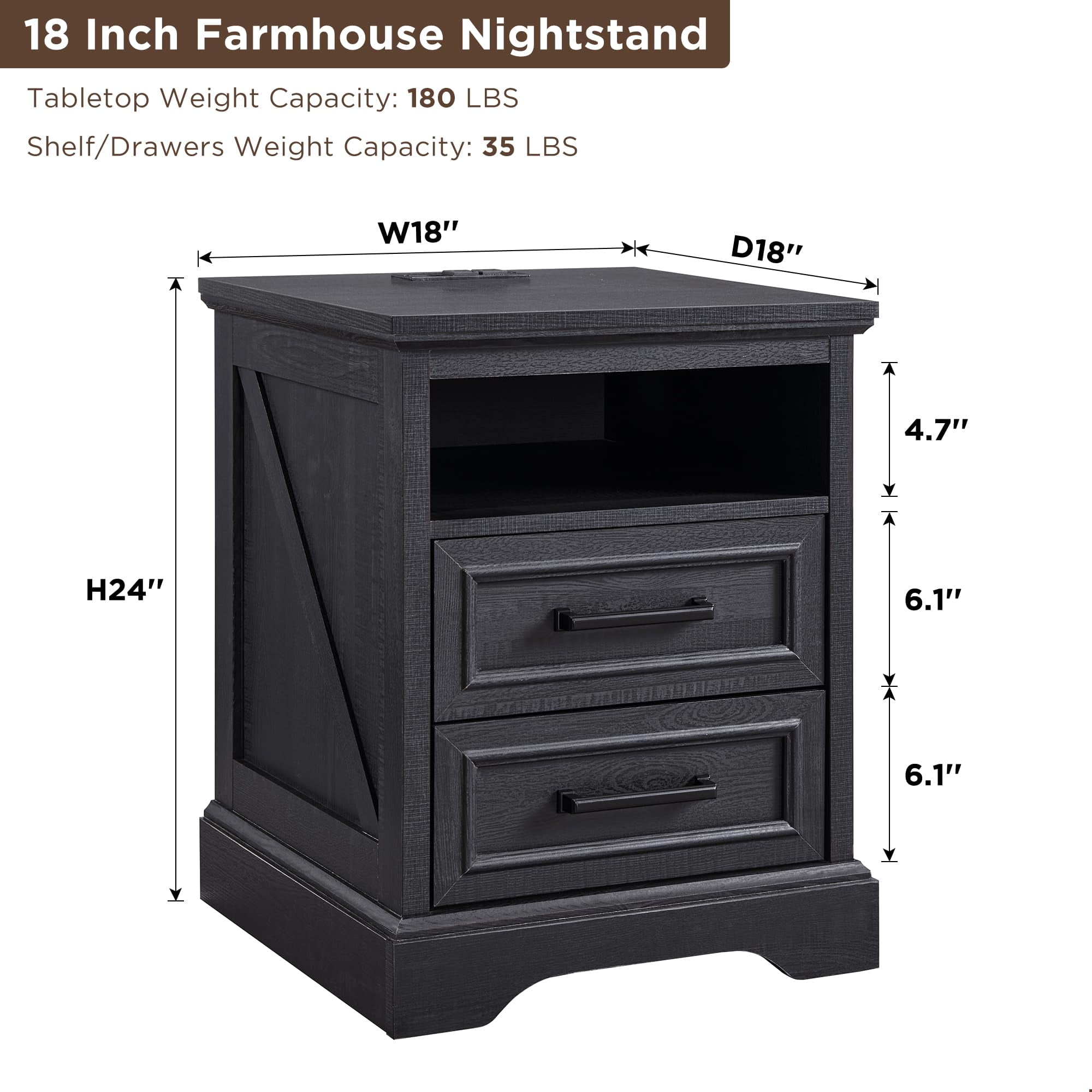 ACCOHOHO Nightstands Set of 2 with Charging Station, Rustic End Table with 2 Drawers Farmhouse Side Table with 3-tier Storage for Bedroom Living Room, Black