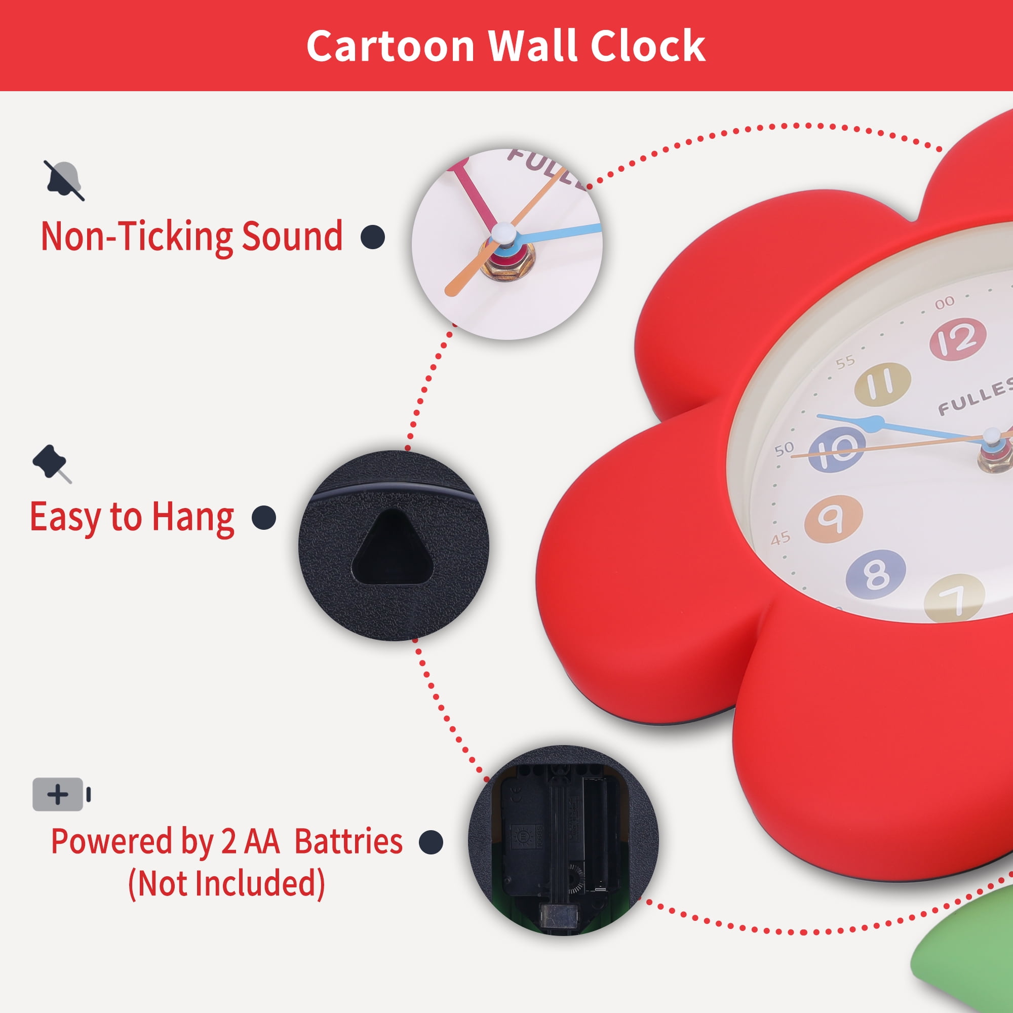 Unique Bargains 1pc Flower Design Colorful Numbers Wall Clock 15" x 12" x 2.8" Red