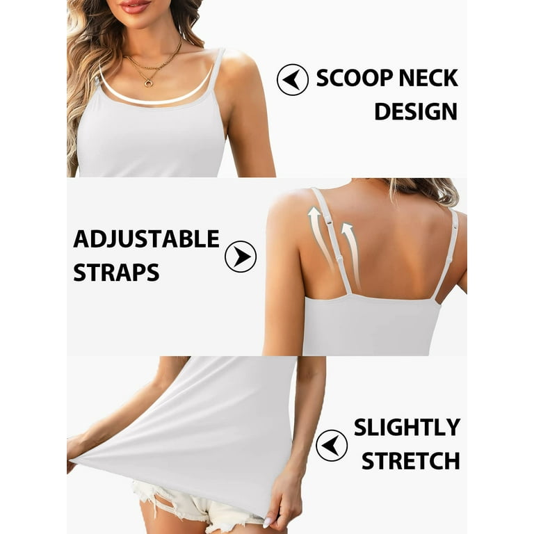 DAKIMOE 3 Packs Tank Top for Women with Build in Shelf Bra Camisoles  Adjustable Spaghetti Straps Cami Soft Stretch Modal Undershirt(White+White+ White), L 