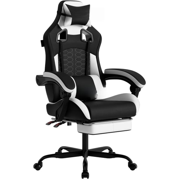 Gaming Chair with Massage,Ergonomic PC Gaming Chair with Footrest Comfortable Headrest and Lumbar Support,High Back PVC Leather,300LBS (Black White)