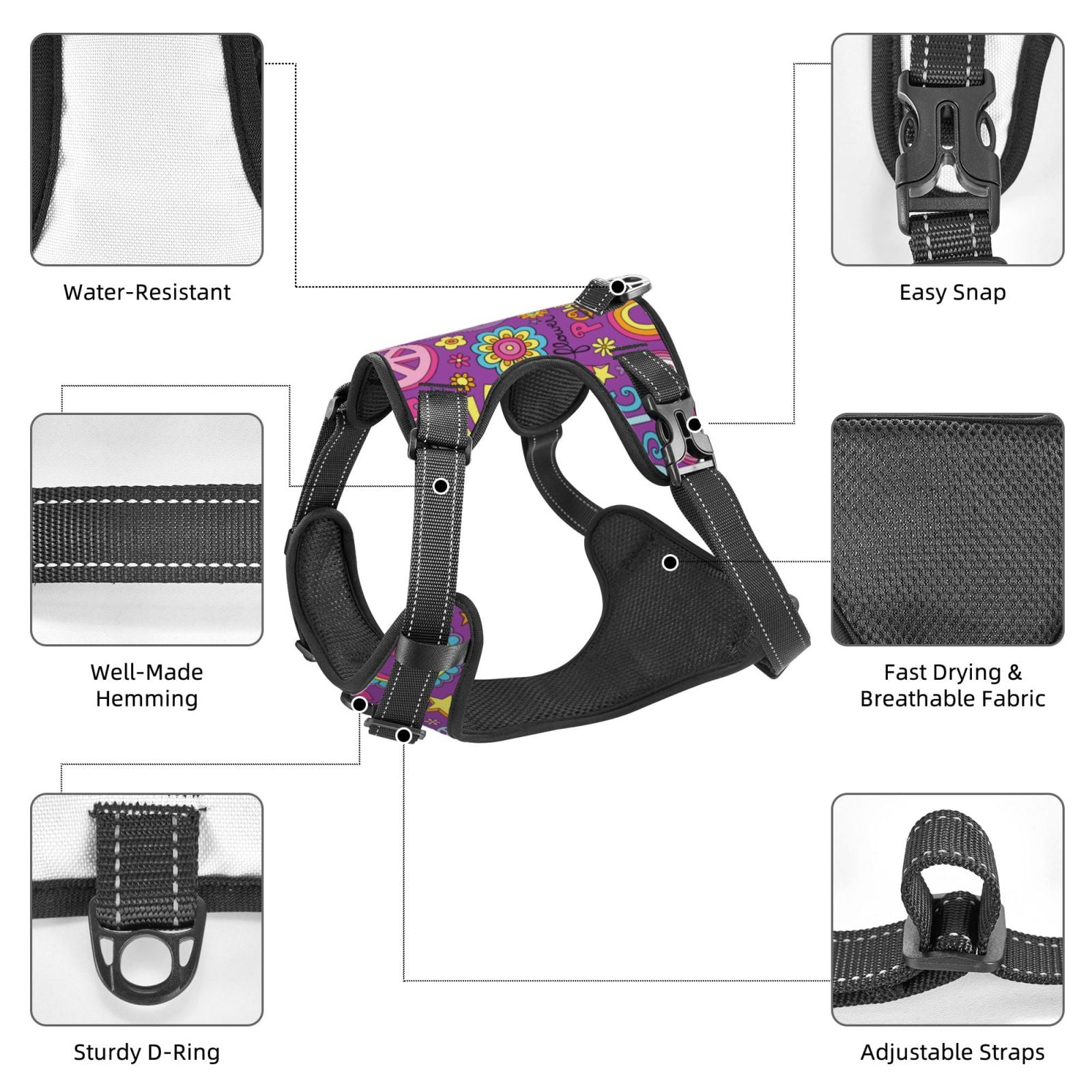 Picia Peace Love and Dove Flower Power No-Pull Dog Harness Reflective Front Clip Vest with Handle,Step-in Air Dog Harness,Adjustable 2 Metal Rings 4 Buckles,Easy to Put on & Take Off Medium