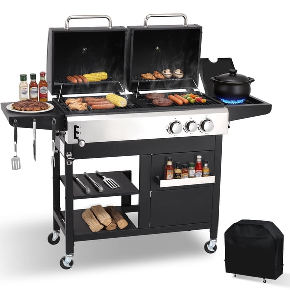 Nice Cooker Gas and Charcoal Grill Combo with Side Burner and Grill Cover, 3-Burner Charcoal and Gas Grill Combo with Cast Iron Grates and Enameled Charcoal Tray