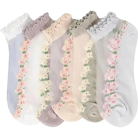 5 Pairs Womens Sheer Socks No Show Socks Low Cut Invisible Socks Thin Mesh Socks Floral Patterned Short Sock for Women