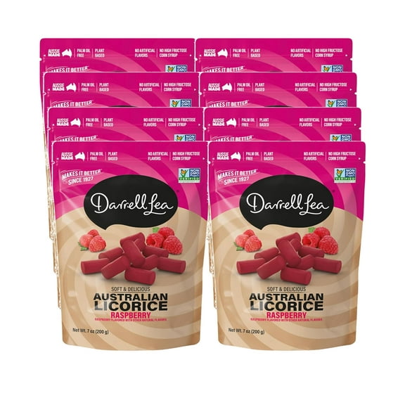 Darrell Lea Soft Australian Licorice, Non-GMO, No Palm Oil, Plant Based, No High Fructose Corn Syrup, Soft & Chewy Licorice Candy, Made in Australia, Raspberry (7 Ounce (Pack of 8))