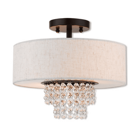 

Semi Flush Mounts 2 Light With English Bronze Crystal Clear Hand Crafted Oatmeal Color Fabric Outside & White Fabric Inside Hardback Medium Base 13 inch 120 Watts - World of Crystal