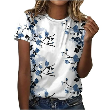 

Womens Shirts Trendy Workout Tops for Women Trendy Casual 2023 Lady Floral Print Bra Top Short Sleeve Tee Shirts Round Neck Y2k Top Blusas de Mujer Elegantes