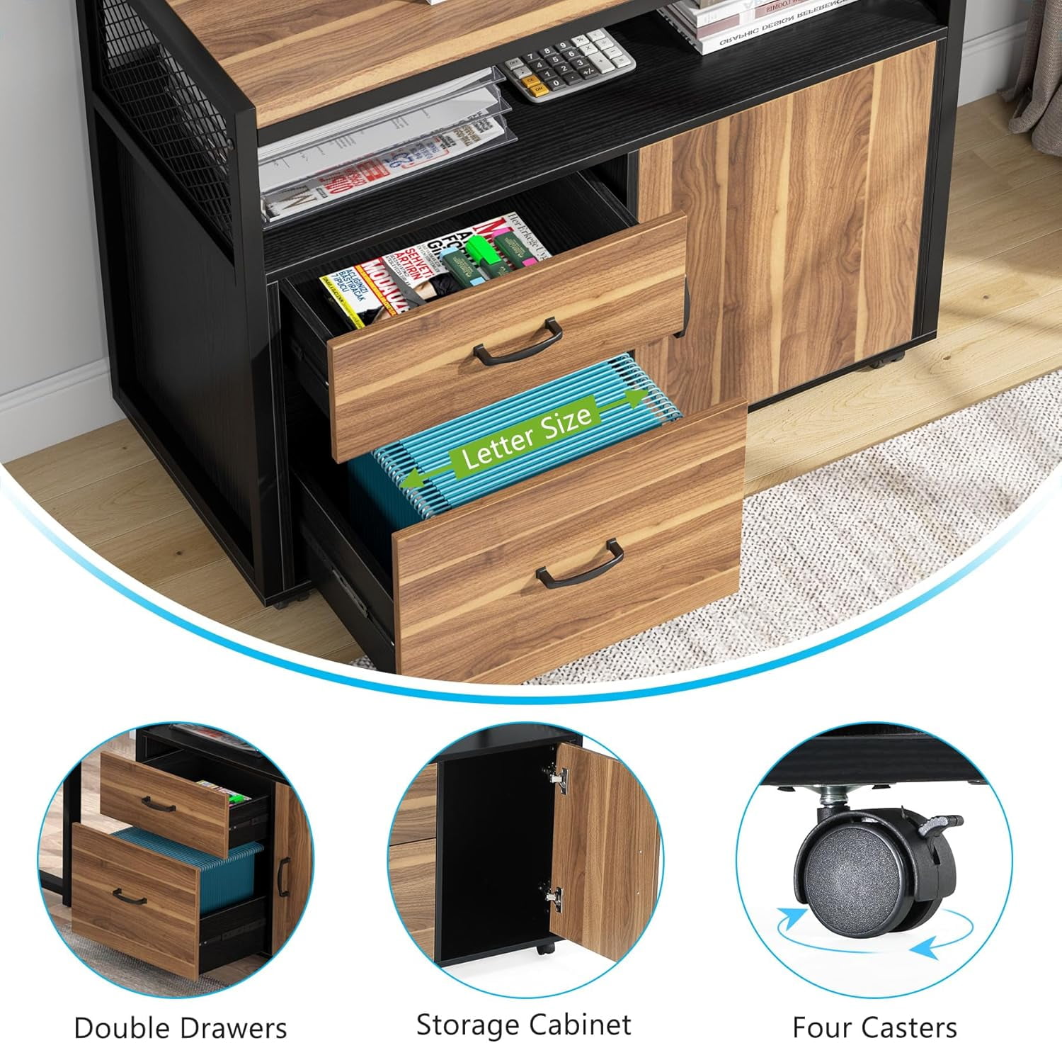 Tribesigns Modern File Cabinet with Drawers and Storage Shelves, Lockable Cabinet & Rolling Caster (Brown & Black)