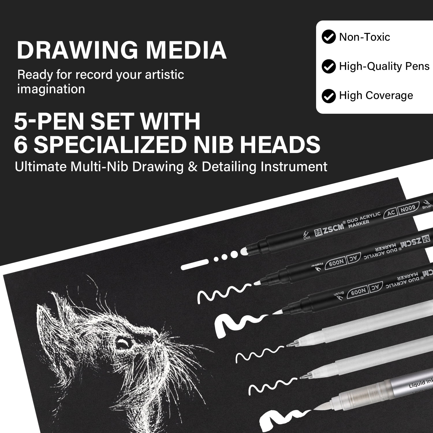 5 Pack White Acrylic Ink Pens for Drawing, Fine Point White Gel Pens, Opaque Acrylic Markers for Black Paper Sketching, Illustration, Card Making
