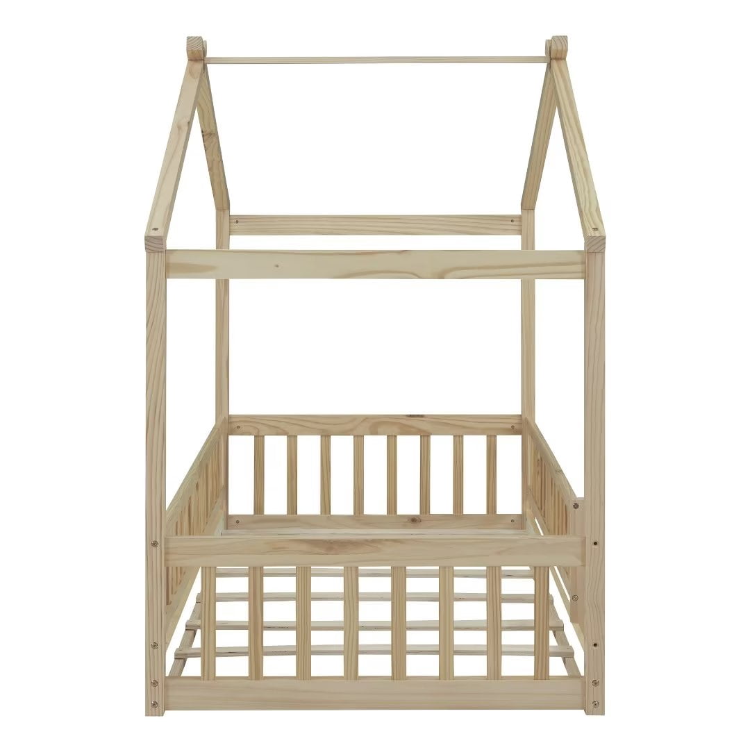 Twin Size House Bed, Wood Floor Bed with Fence and Roof, Montessori Bed Playhouse Bed Toddler Bed Frame for Kids Girls and Boys, Natural
