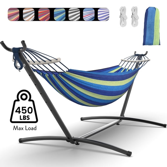KEESTP Comfortable 2 Person Hammock with Stand,Ease of Assembly Portable Brazilian Hammock,450lb Capacity - Wideblue