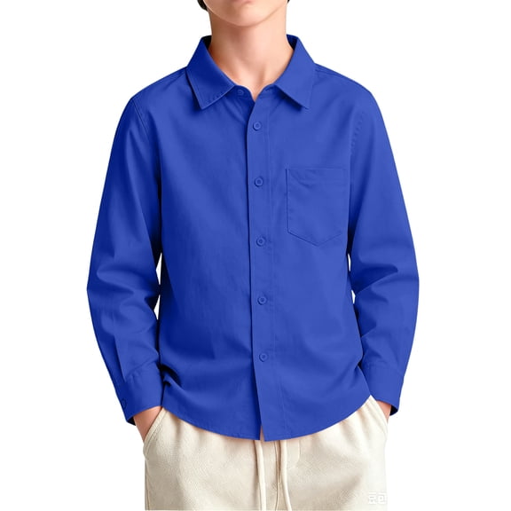 Dweltoz Boys School Uniform Long Sleeve Solid Button Up Top Classic Collared Dress Shirt Back to School Clothes,Blue 6-7Years