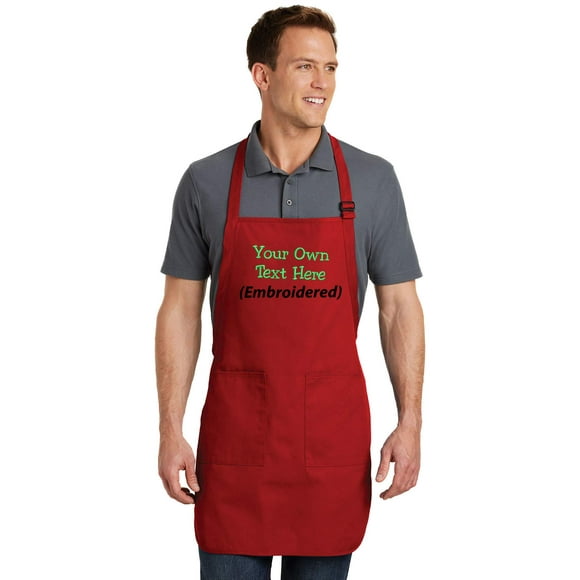 Personalized Apron Add a Name Embroidered Design Add Your Own Name Full-Length Apron with Two Pockets 22"(W) x 30"(L) (Red)