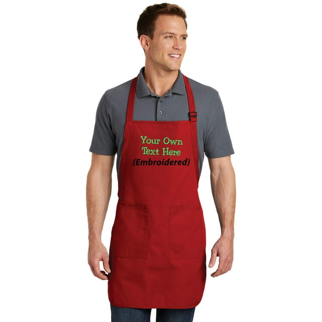 Personalized Apron Add a Name Embroidered Design Add Your Own Name Full-Length Apron with Two Pockets 22"(W) x 30"(L) (Red)