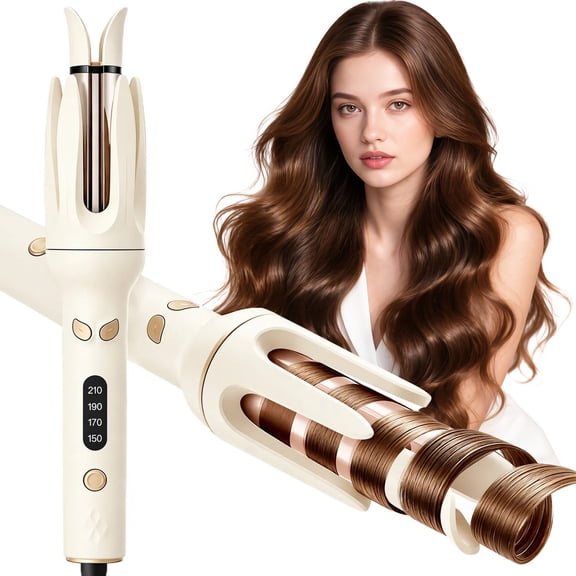 Moremore 1.10 in Automatic Curling Iron, Electric Curling Wand, Anti-Tangle Rotating Ceramic Hair Curler, Negative Ionic, Cream Yellow