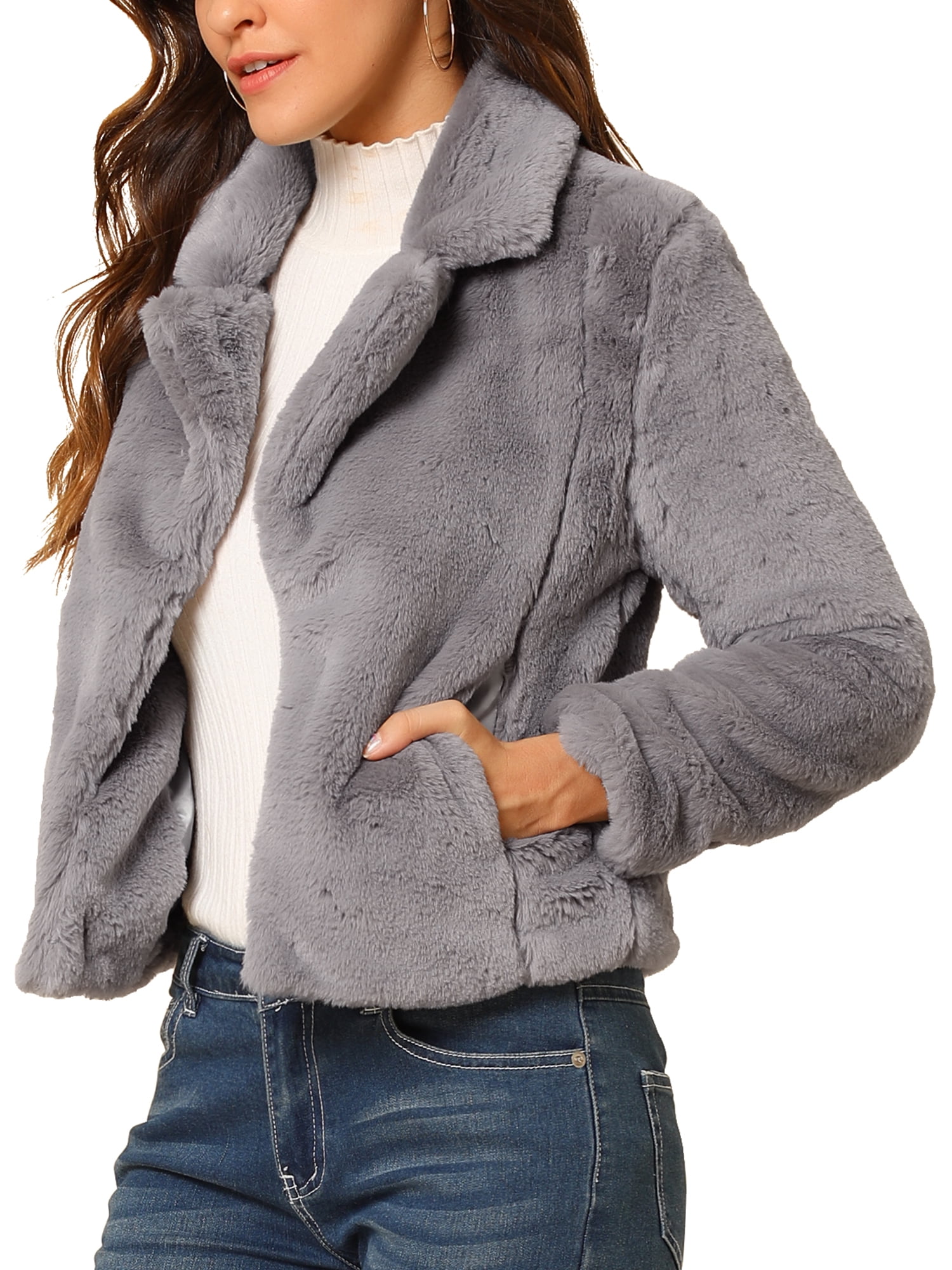 DARING DIVA Women's Cropped Notch Lapel Faux Fur Fluffy Coat S Grey