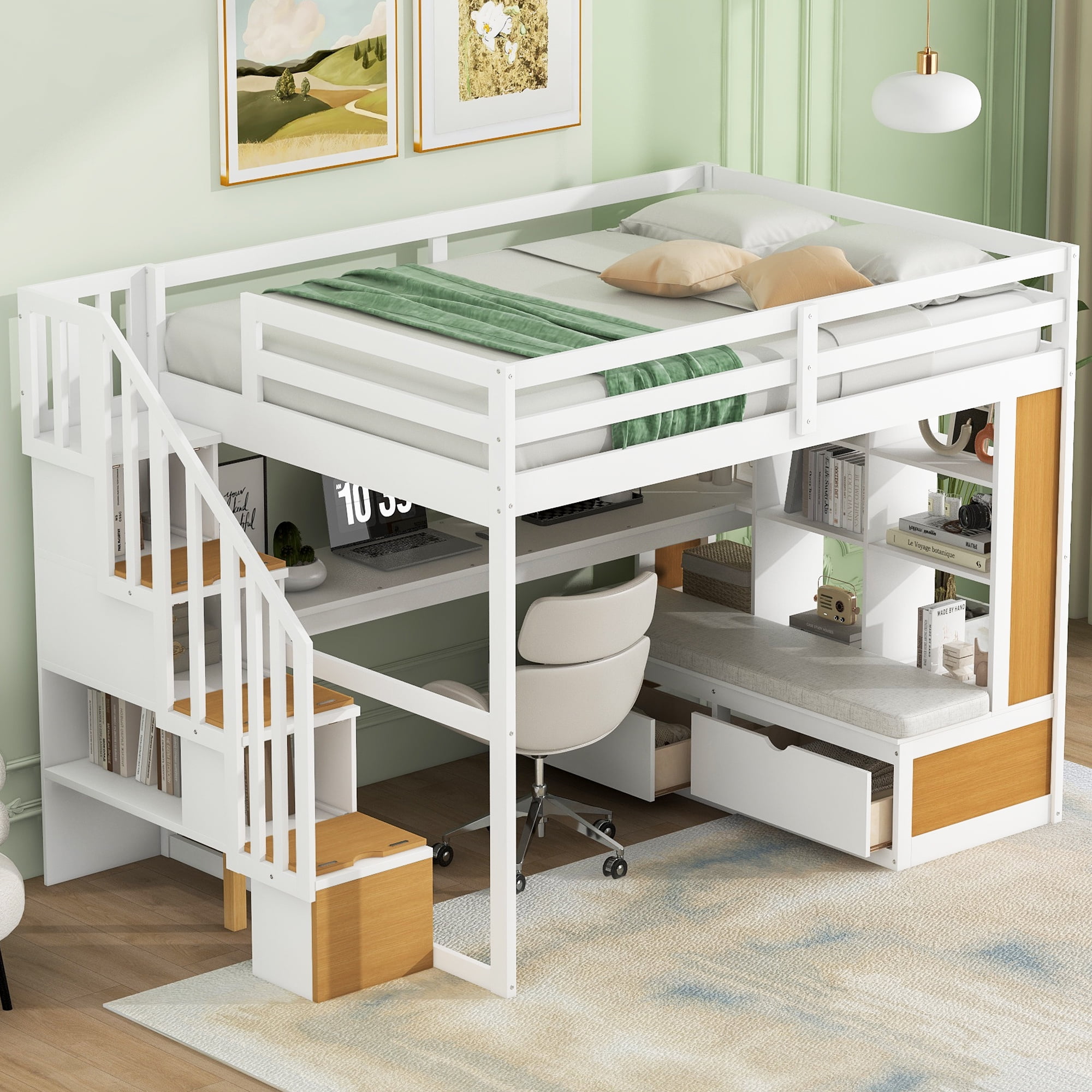 Euroco Modern Wood Full Size Loft Bed with Desk and Shelves, Storage Staircase and Drawers for Kids Teens, Wood