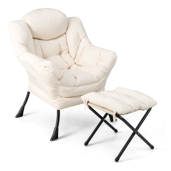 Giantex Modern Lazy Chair, Single Sofa Chair w/Ottoman, Upholstered Leisure Chairs Set for Living Room, Bedroom