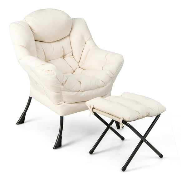 Giantex Modern Lazy Chair, Single Sofa Chair w/Ottoman, Upholstered Leisure Chairs Set for Living Room, Bedroom