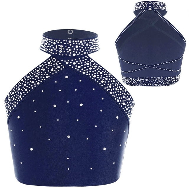Miaeowve Kids Girls Halter Sleeveless Cross Back Jazz Vest Shirt Sparkly Rhinestones Modern Dance Performance Tank Tops Navy Blue 6