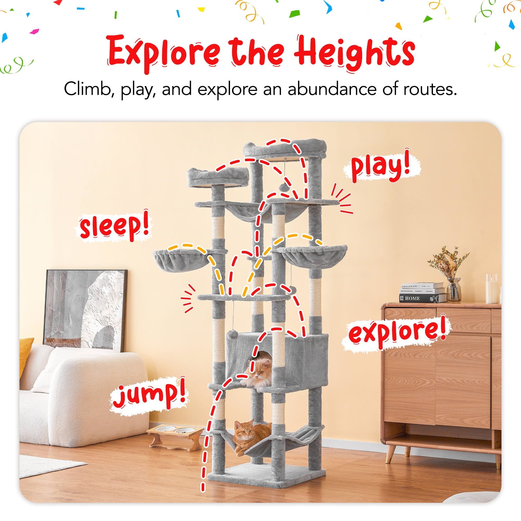Furcato 77-Inch Cat Tree for Indoor Cats, Multi-Level Large Cat Tower with 4 Hammocks, 2 Padded Perches, Large Cat Condo, Light Gray