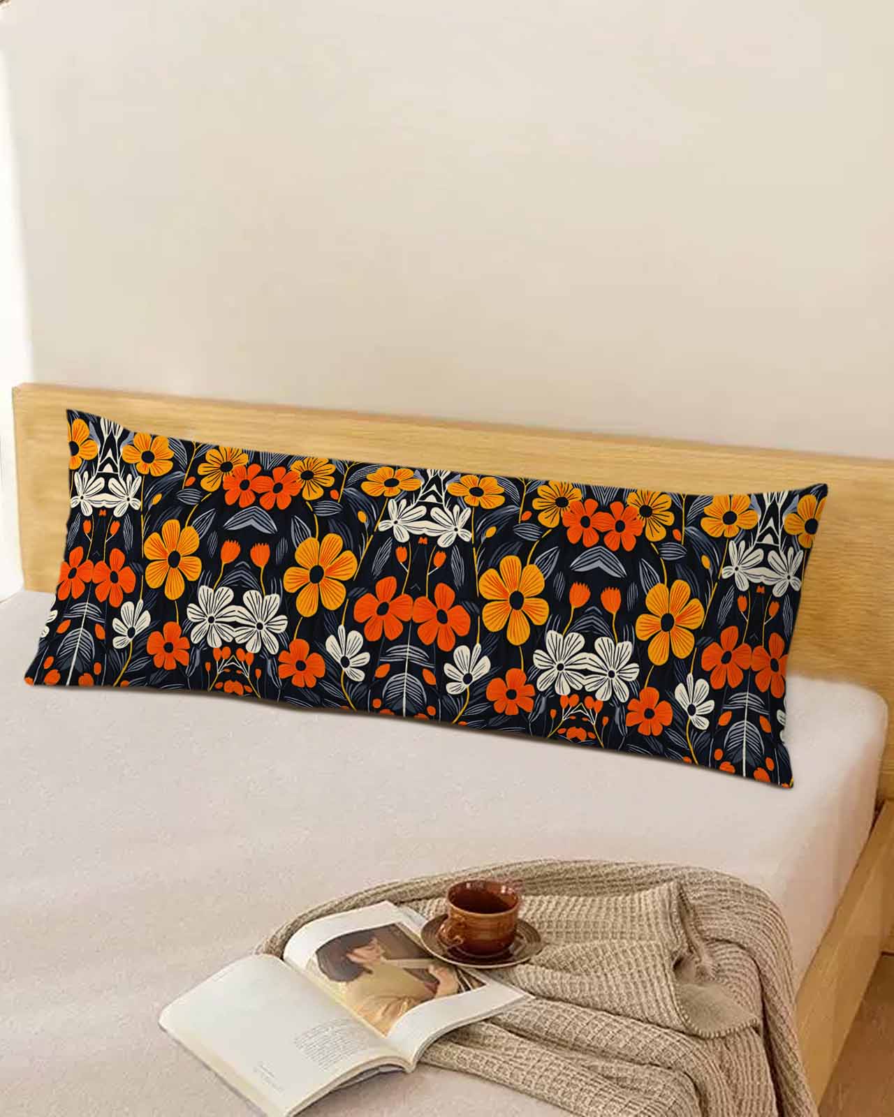 Orange Spring Floral Body Pillow Cover 20 x 60 Inch Decorative Pillow Cover Black Summer Botanical Leaf Lumbar Pillowcase Seasonal Rectangle Cushion Case for Couch Sofa Bed Living Room