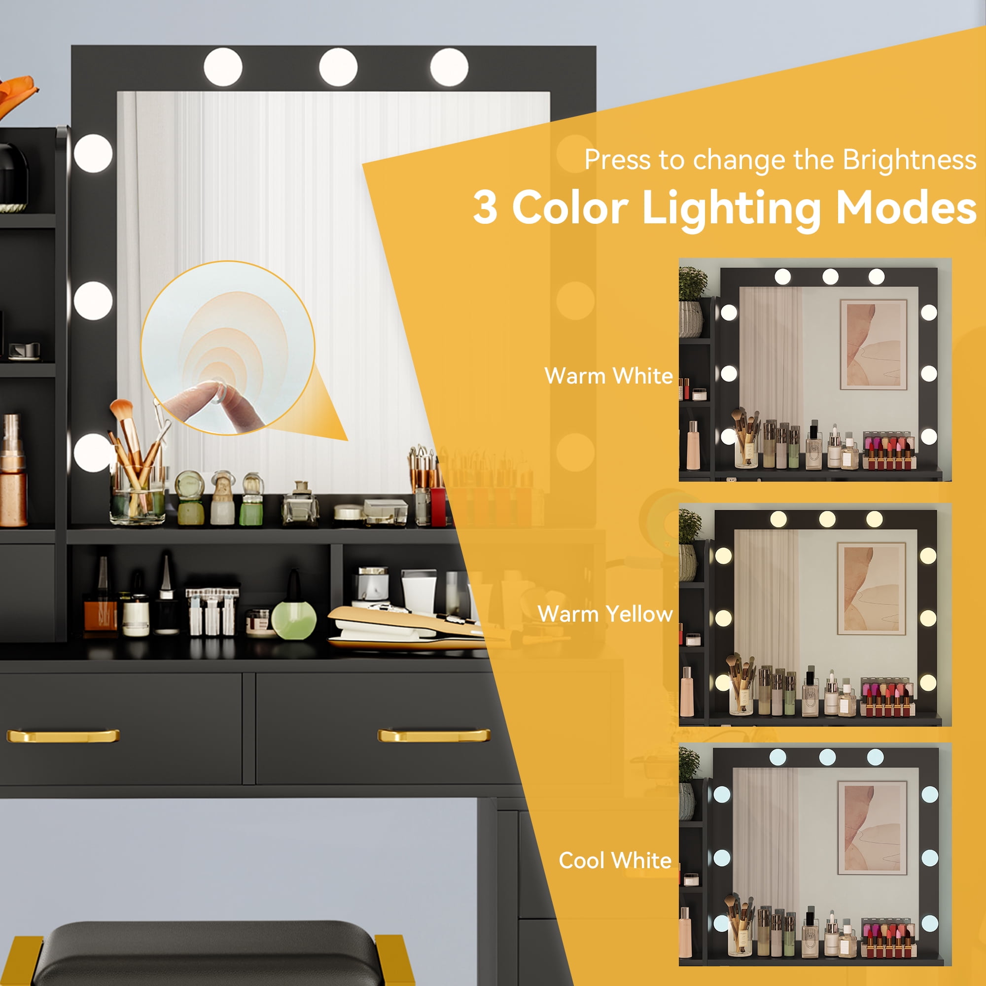 Uforic Black Makeup Vanity Desk with Adjustable Lighting Mirror and Charging Station