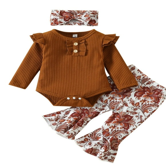 Baby Girls Pants Set Long Sleeve Romper + Flower Print Flare Pants + Bowknot Headband