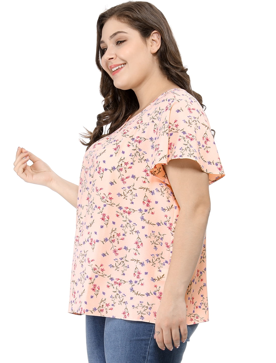 DARING DIVA Women's Plus Ruffle Short Sleeve Keyhole Chiffon Blouse L Pink