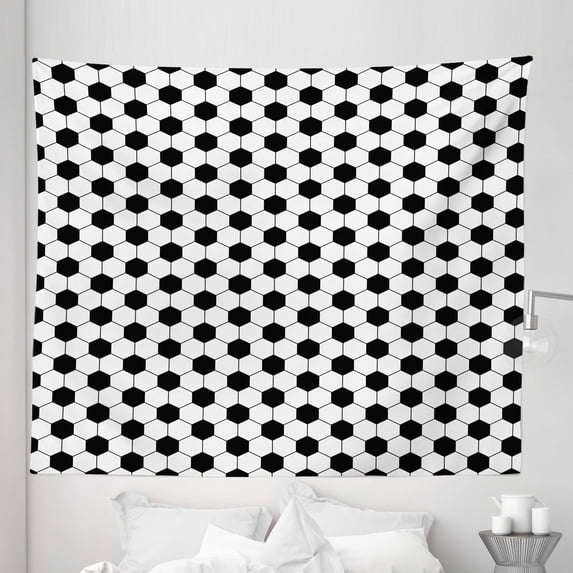 Soccer Tapestry, Abstract Football Ball Pattern Monochrome Geometric Design Sports Fun Activity, Fabric Wall Hanging Decor for Bedroom Living Room Dorm, 5 Sizes, Black White, by Ambesonne