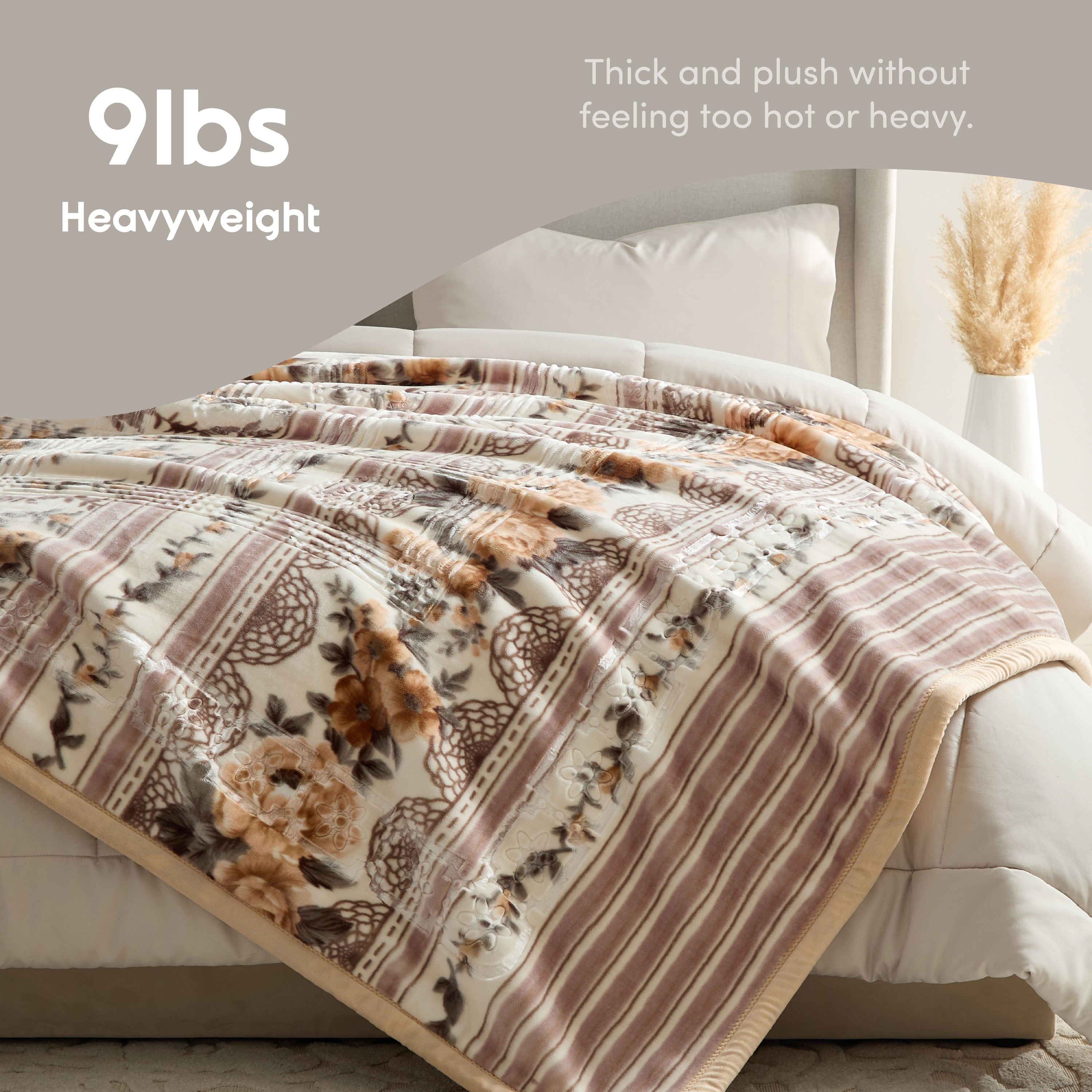 Lammaloe Queen Size Korean Mink Fleece Blanket for Winter, 9 lbs, 79" x 94", Heavy 2-Ply Warm Heavyweight Raschel Bed Blankets, Reversible Printed, Beige Floral