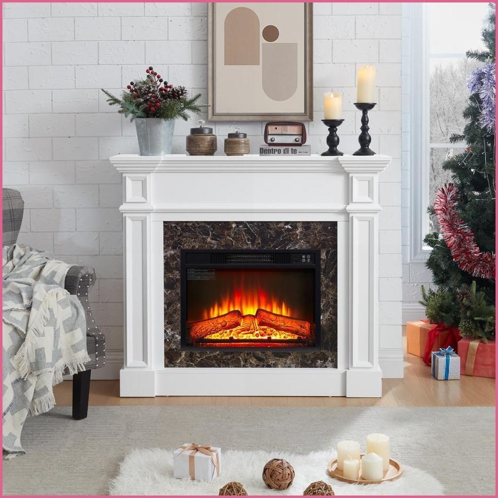 Electric Fireplace Mantel, 45.7”W Freestanding Heater with Remote, Timer, LED Flame | White | MDF