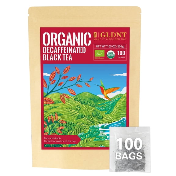GLDNT Organic Decaf Black Tea Bags, Decaffeinated Organic Black Tea, Mellow Flavor, 100 Count