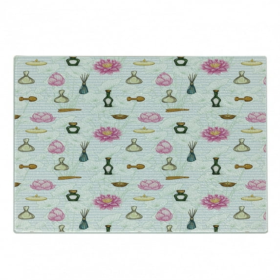Floral Cutting Board, Print of Colorful Perfume Bottles and Flowers on a Background of Stripes, Decorative Tempered Glass Cutting and Serving Board, in 3 Sizes, by Ambesonne