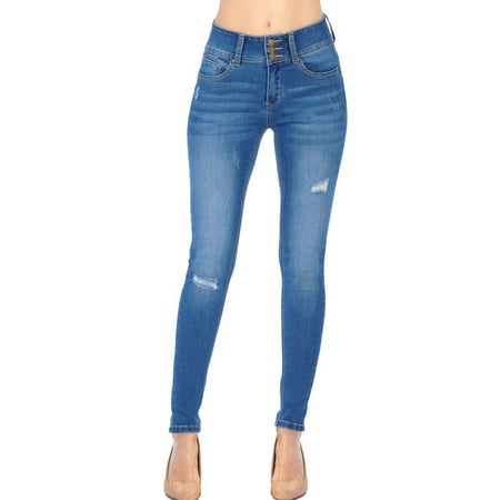 Love Moda Women's Butt-Lift Distressed Triple Button Cotton Denim Skinny Jeans (M.Blue, 0