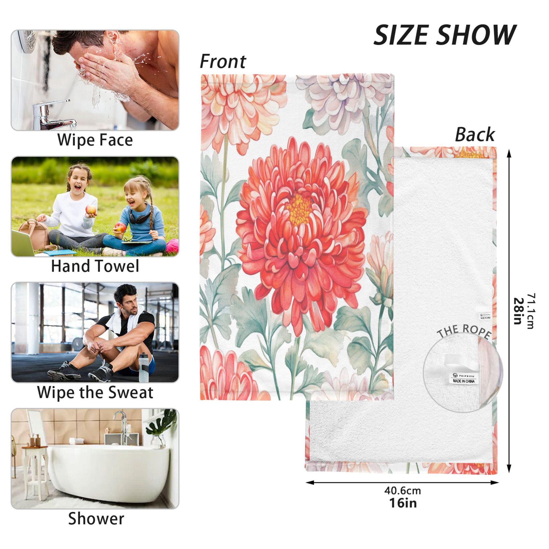 Cotton Towel Two-Piece 16x28 Inch One Sizex2 Face Towel Set Towel Set Cotton Hand Bath Towel Bathroom Beach Chrysanthemums Red