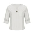 thumbnail image 4 of Horkkom Short Sleeve Button Up Women Summer Casual Solid Color Linen Shirts Loose V Neck Blouse with Pocket White 2XL, 4 of 6