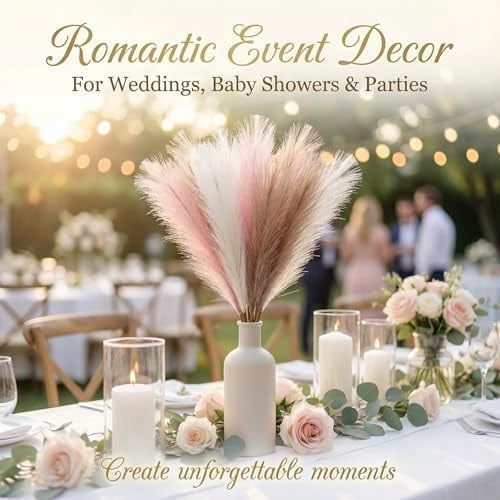 Pampas Grass Decor 30pcs 21.7 Inch, Faux Pampas Grass White Pink Brown Artificial Dried Flowers Fluffy No Shedding for Boho Wedding Home Bedroom Vase Filler