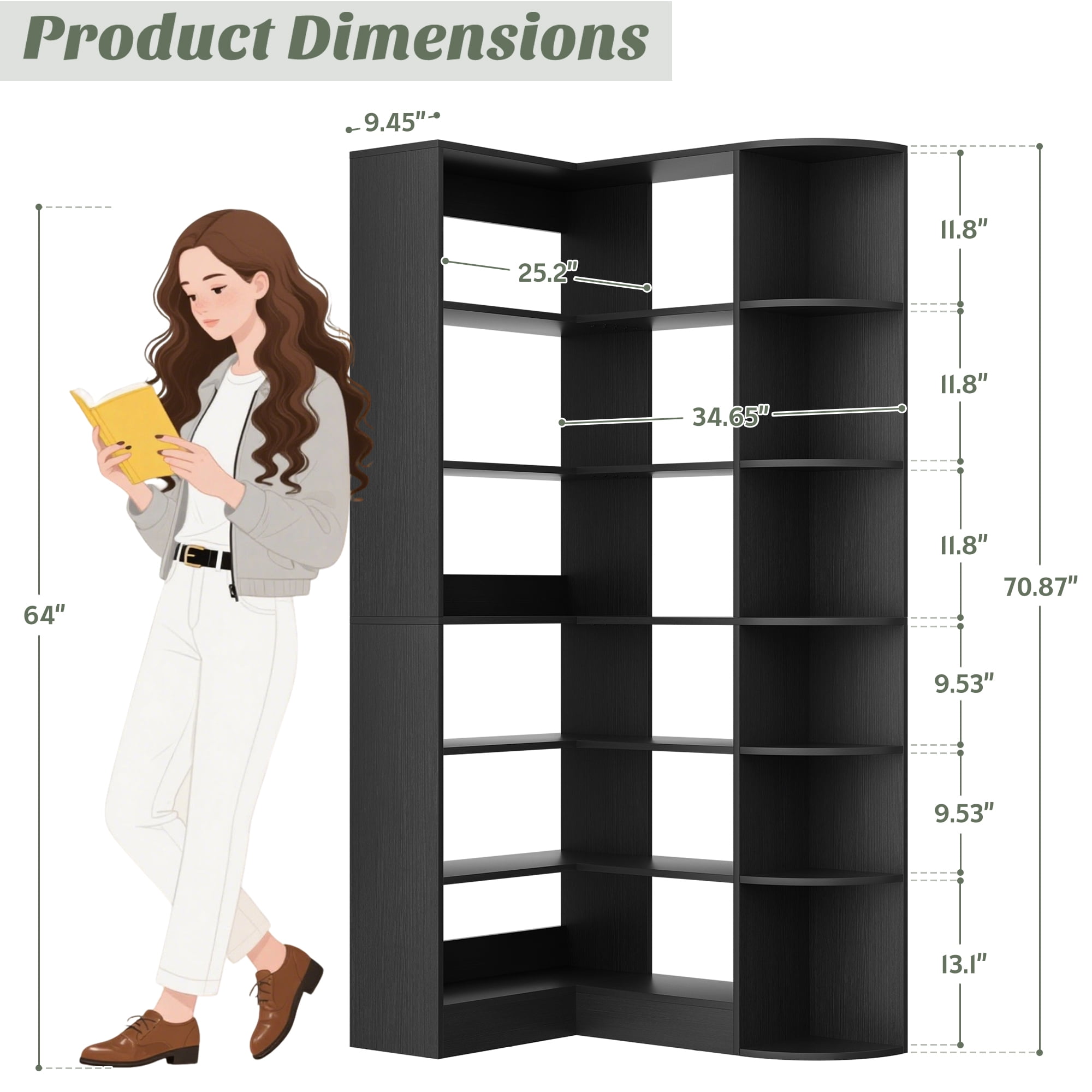 Homieasy 6-Tier Corner Bookshelf, 79'' Tall Modern L Shaped Bookcase with 13 Open Storage Shelves, Corner Storage Shelf for Home Office, Living Room, Bedroom, Black