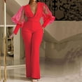 thumbnail image 2 of Lovskoo 2024 Women's One Piece Jumpsuit Puff Sleeve Elegant Winter Chirstmas Solid Sequins Patchwork Long Sleeve V-Neck Jumpsuits Red, 2 of 6