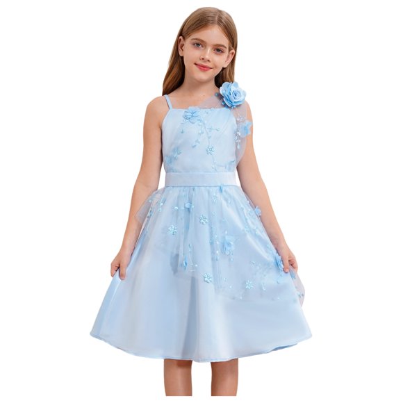 Yartina Flower Girl Dress for Kids Mesh Floral Embroidery Junior Bridesmaid Dress Pageant Party Light Blue 12