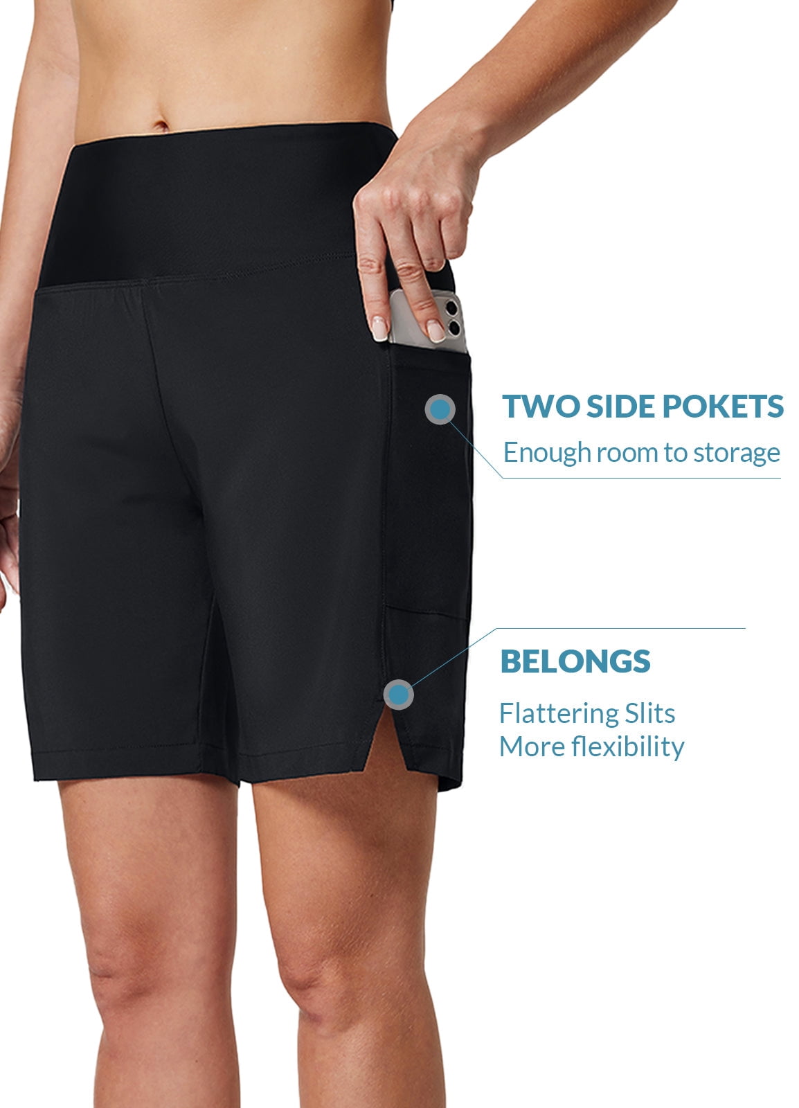 BALEAF Womens Swim Shorts Long 7" High Waisted Quick Dry Board Shorts Beach Shorts for Women with Linner Pockets Black XL