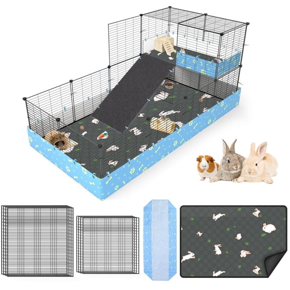 Guinea Pig Cages with Tarp and Bedding Pee Pad Liner, 2-Story Large Guinea Pig Playpen C&C Loft Cage for 2 Rabbit Bunny Chinchilla Small Animal Habitat for Indoor
